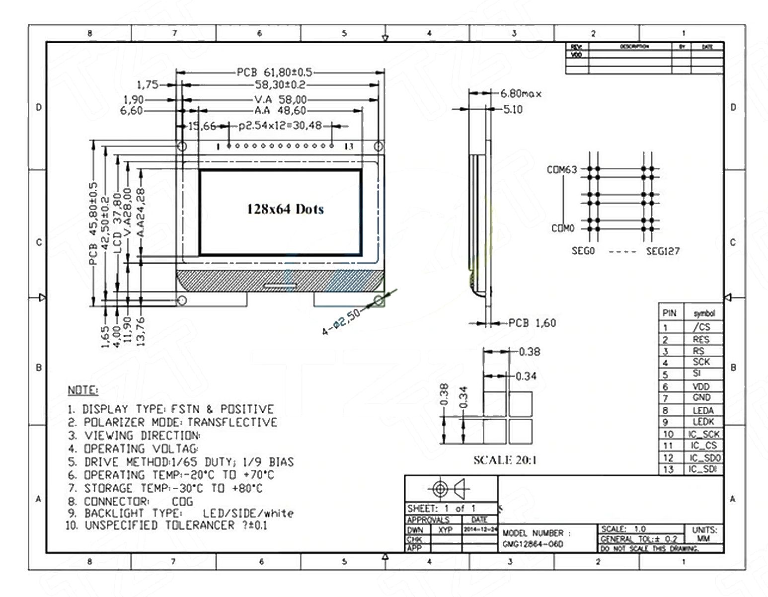 Display LCD 12864-06D 128x64 pixels module ST7565R (zwart op wit) afmetingen